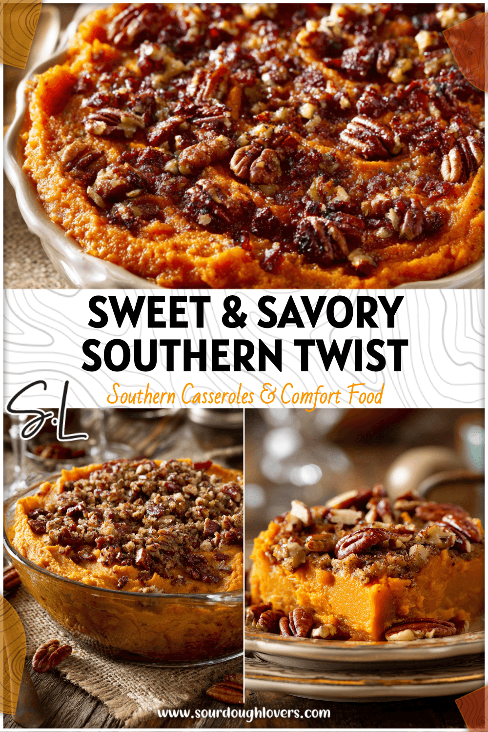 Bourbon-infused Sweet Potato Casserole topped with savory bacon and pecan crust on a rustic table. 26